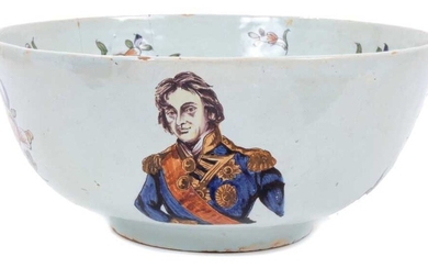 Unusual polychrome Delft ware bowl, commemorating Nelson, with ship and floral decoration, 29cm diameter