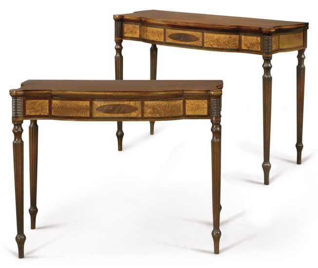 VERY FINE AND RARE PAIR OF FEDERAL INLAID AND FIGURED MAHOGANY, BIRCHWOOD AND ROSEWOOD GAMES TABLE, ATTRIBUTED TO THOMAS AND OR JOHN SEYMOUR, BOSTON, MASSACHUSETTS, CIRCA 1795