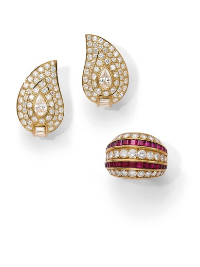 Van Cleef & Arpels, A Diamond and Ruby Ring and A Pair of Diamond Earrings