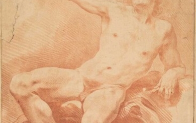 Van Loo (Carle, 1705-1765). Academy study: Reclining male nude with raised arm