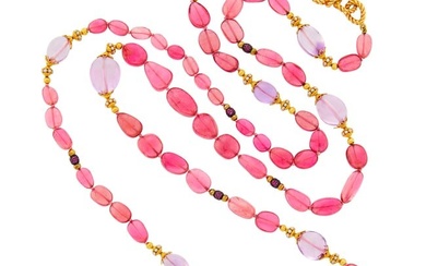 Verdura Long Gold, Tumbled Pink Tourmaline and Amethyst Bead, Ruby and Cultured Pearl Necklace