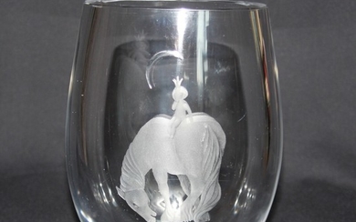 Vicke Lindstrand: A clear glass vase with engraved girl on horse. Signed LG234. Manufactured by Kosta, Sweden. H. 16,8. W. 14. D. 8 cm.