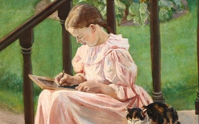 Viggo Pedersen: View with a young girl doing her homework in the garden. Signed and dated Viggo Pedersen 1898. Oil on panel. 54×45 cm.