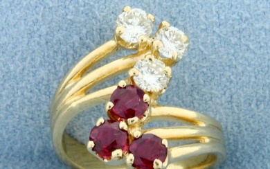 Vintage 1ct TW Natural Ruby and Diamond Ring in 14K Yellow Gold