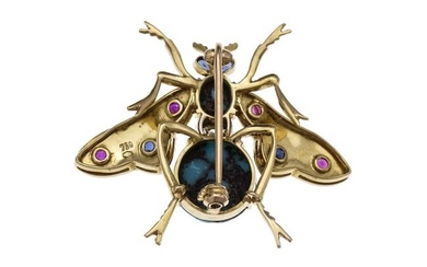 Vintage Bee Pin Natural Turquoise Ruby Sapphire & Diamond 18k Yellow Gold