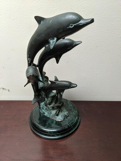 Vintage Brass Sculpture 5 Dolphins Jumping on Marble