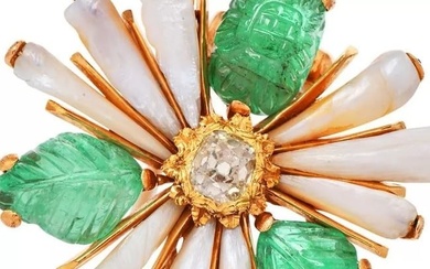 Vintage Buccellati Yellow Diamond Emerald Gold Flower Brooch Pin