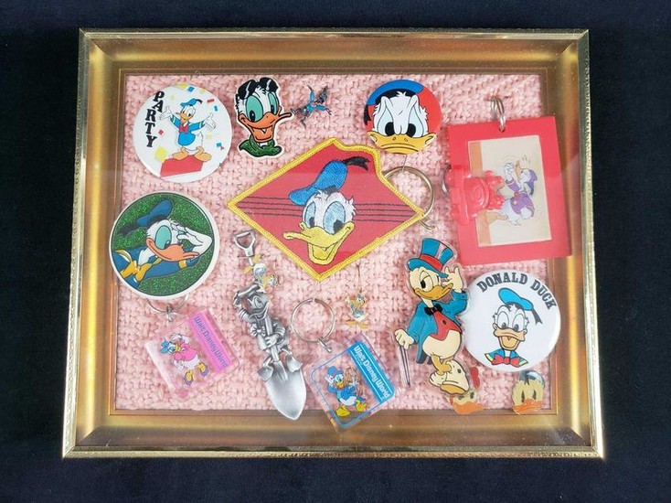 Vintage Framed Donald Duck Collectors Trinkets