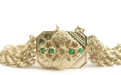 Vintage Green Jade Pendant Multi-Strand Chain Bracelet 14K Yellow Gold, 23.96 Gr