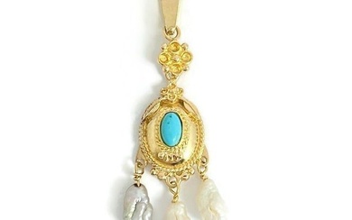 Vintage Oval Turquoise Baroque Pearl Pendant Necklace 14K Yellow Gold, 5.03 Gram