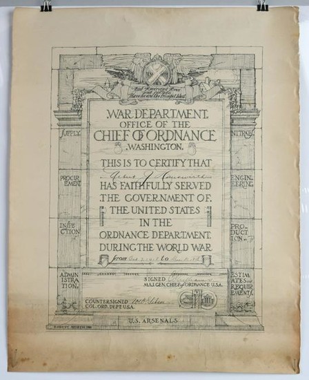 WWI US ARMY ORDNANCE DEPARTMENT CERTIFICATE