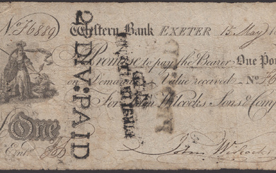 Western Bank, Exeter, for John Wilcocks, Sons & Compy, £1, 15 May...