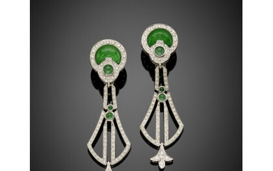 White gold diamond pendant earrings accented with green hyaline quartz cabochon composite stones, diamonds in all ct. 1.70 circa, g...