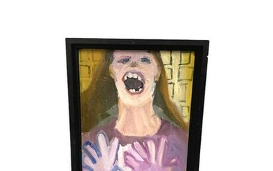 Woman with Brown Hair Holding Hands Up, Signed 'Amato
