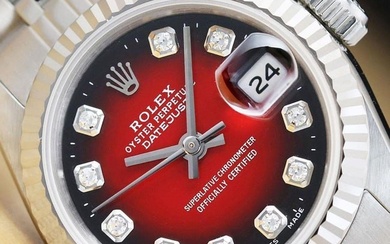 Womens 18k White Gold & Stainless Steel Rolex Datejust With A Red Vignette Diamond Dial