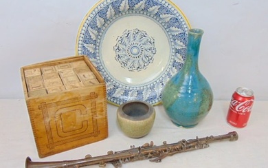 Wooden play blocks, Clarinet, Studio Pottery & Faience platter, blocks with letters & various