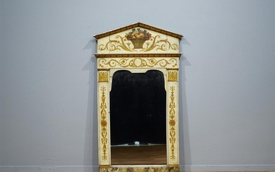 (-), beschilderde empire spiegel met timpaanvormige kap versierd...