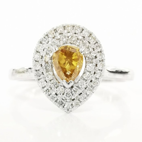no reserve 0.30 ct Natural Fancy Deep Brownish Yellow & 0.22 ct E to G Diamond Designer Ring - 2.39 - 14 kt. White gold - Ring - 0.30 ct Diamond - Diamonds