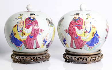 pair of old republic period round jars, portraying Shaou Lou, lotus boy and 2 sages