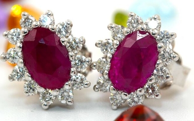 vintage style halo earrings with natural rubies and diamonds around - 18 kt. White gold - Earrings - 1.22 ct Ruby - Diamonds