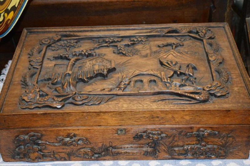 Stunning Large Hand Carved Antique Chinese Scholars Box