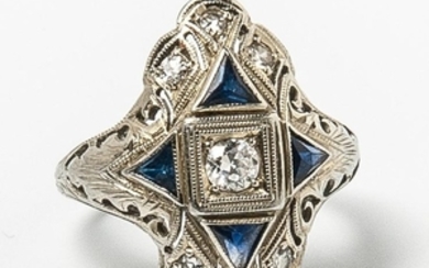 Art Deco 14kt White Gold, Diamond, and Sapphire Ring