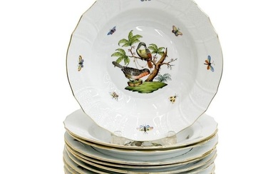 12 Herend Hungary Rothschild Bird Hand Painted Porcelain 9 in Rimmed Soup Bowls