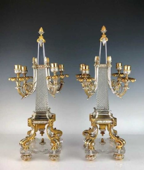 PAIR OF SILVER AND DORE BRONZE MOUNTED BACCARAT CANDEL