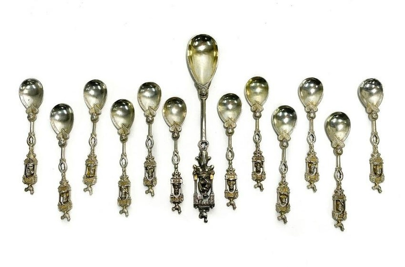 13 Dutch Silver Figural Apostle Berry or Ice Cream Flatware Set Spoons, 1847