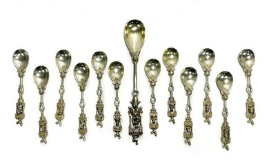 13 Dutch Silver Figural Apostle Berry or Ice Cream Flatware Set Spoons, 1847