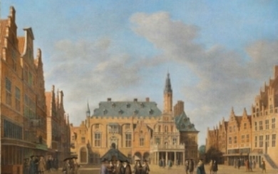 Gerrit Berckheyde (Haarlem 1638-1698), The Grote Markt, Haarlem, looking west, with the town hall and figures conversing in the market square