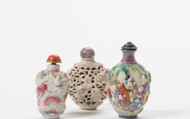 Three Chinese modelled porcelain snuff bottles