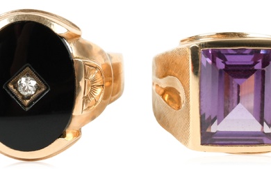 14K YELLOW GOLD AMETHYST RING AND 10K YELLOW GOLD ONYX AND DIAMOND RING