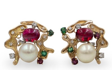 14k Gold, Pearl and Ruby Earrings