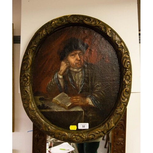 1800S GENT OIL ON BOARD IN CARVED OVAL FRAME. 52CM LONG