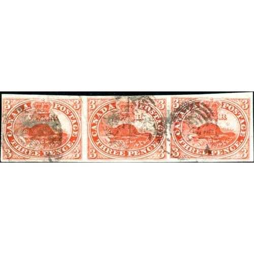 1852-57 3d RED lightly cancelled wide margined strip of thre...