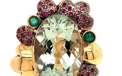 18K Rose Gold GIA Certified Natural Quartz Ruby and Emerald Ring