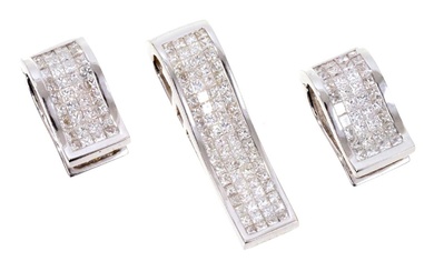 18ct white gold diamond pendant and earrings with invisibly set princess cut diamonds