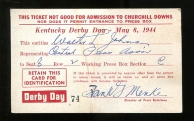 1944 Kentucky Derby Press Pass Ticket 5/6/44 Pensive Ex 23216