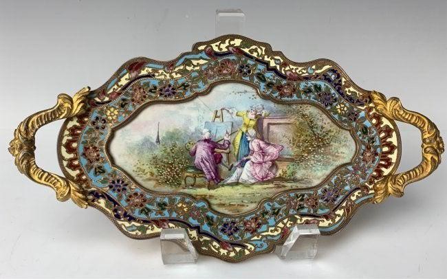 19TH C. FRENCH SEVRES AND CHAMPLEVE ENAMEL TRAY