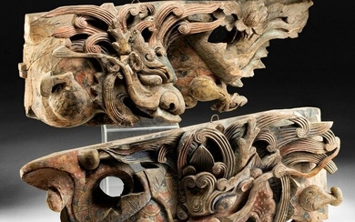 19th C. Chinese Qing Painted Wood Dragon Lintels (pr)