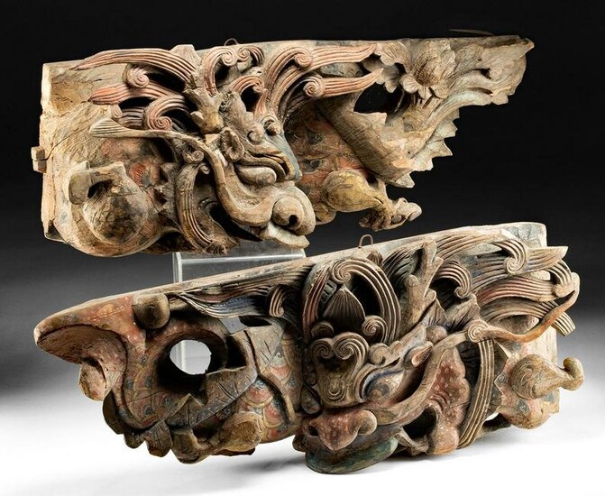19th C. Chinese Qing Painted Wood Dragon Lintels (pr)