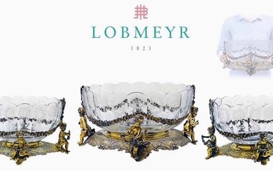 19th C. German 800 Figural Silver With Lobmeyr Crystal Three Piece Centerpiece Set