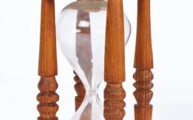 19th Century pine hour glass/sand timer, the circular top above four turned columns enclosing the