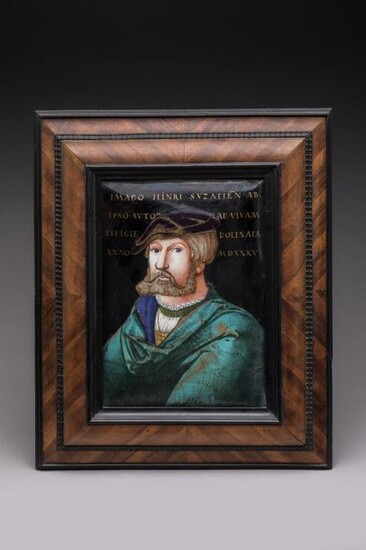 19th century GERMAN school Portrait of Heinrich Aldegrever (1502-c.1555/1561) Large rectangular plate in curved copper painted with polychrome enamels. Reddish counter-enamel. Caption in the upper part, framing the face, gold letters: IMAGO . HINRI...