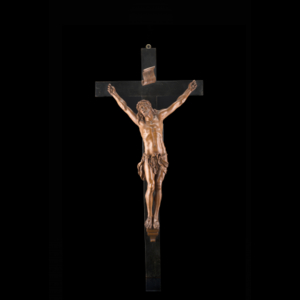 19th-century art "Christ" wooden sculpture (h. cm 41) Ebonised wood cross