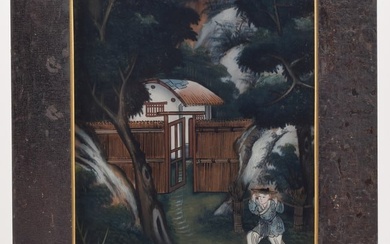 19th century reverse painting on glass of an Asian landscape with a figure and house. Signed on