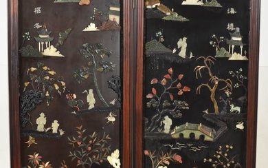 19th/20th century Chinese jade mounted 2 panel lacquered screen with wood frame. Various white and