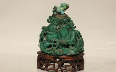 19th.C Malachite Carving w Turquoise Top
