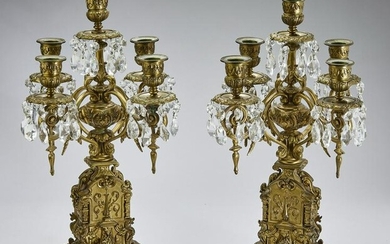 (2) Early 20th c. brass and crystal candelabra